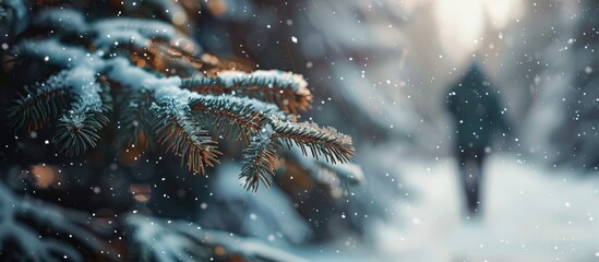 Sticker - Selective focus on a fir tree branch in a snowy forest with a traveler in the background. Copy space image. Place for adding text and design