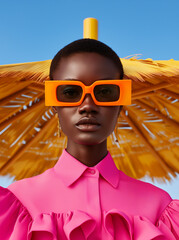 Wall Mural - A woman in a pink outfit and gold earrings poses on a sunny beach, wearing oversized orange sunglasses. Stylish fashion editorial with a tropical vibe.