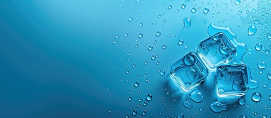 Poster - Ice cubes on a blue background with water droplets and copy space