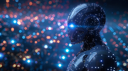 a robot with lights in the background