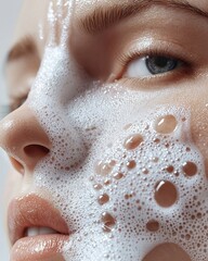 Beautiful woman's face covered in cleansing foam. Beauty and cosmetics concept. Generative Ai