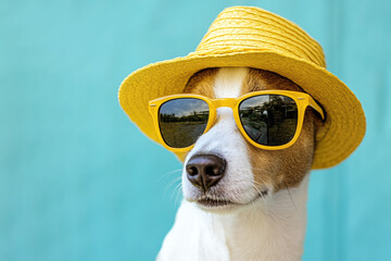 A stylish dog poses in a bright yellow hat and sunglasses against a vibrant turquoise background, looking cool.