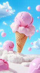 Wall Mural - Floating pink ice cream cones surrounded by clouds in a vivid blue sky. Sweet and surreal dessert fantasy.