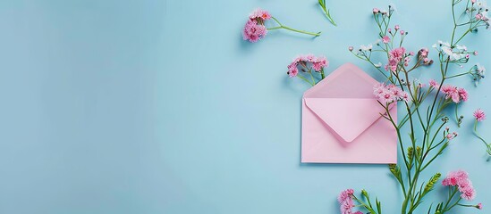 Poster - Pink envelope and flowers on a blue background top view flat shot. Copy space image. Place for adding text and design