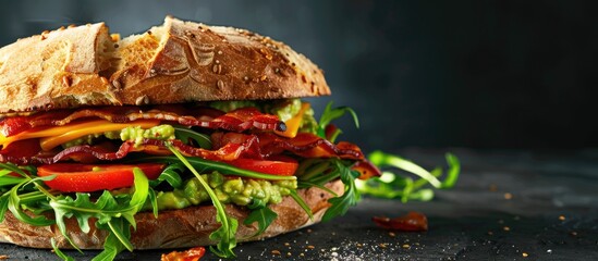 Wall Mural - Fresh sandwich with guacamole tomatoes arugula and bacon. Copy space image. Place for adding text and design