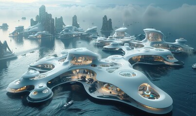 City from high angle view, full of modern, futuristic architecture buildings surrounded ocean waters. City landscapes.