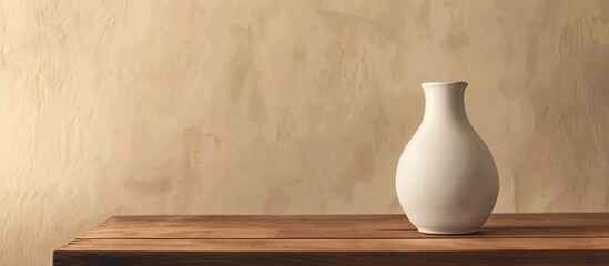 Sticker - white ceramic vase on a brown wooden table with a beige wall in the background. Copy space image. Place for adding text and design