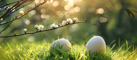 Poster - Two white wooden Easter eggs alongside an apricot branch in green grass Easter backdrop Easter egg hunt copyspace