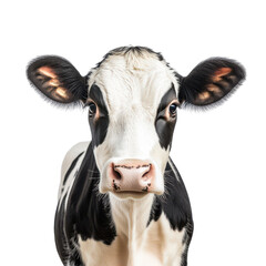 A close-up portrait of a cow isolated on a white background.