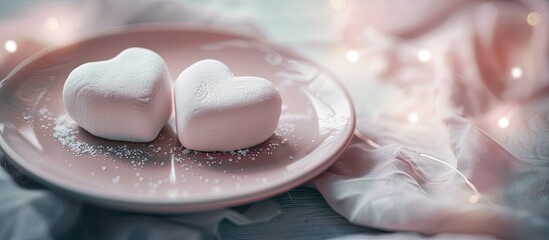 Canvas Print - a pair of heart shaped marshmallows on a plate for Valentine s Day in a romantic setting. Copy space image. Place for adding text and design