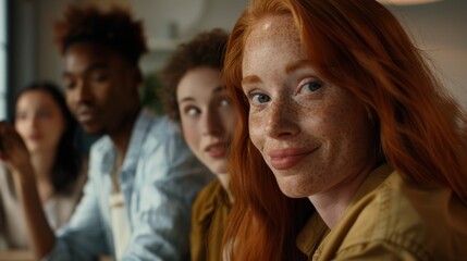 Sticker - A woman with vibrant red hair, surrounded by friends, smiles brightly during a lively discussion in a welcoming and green-filled cafe.