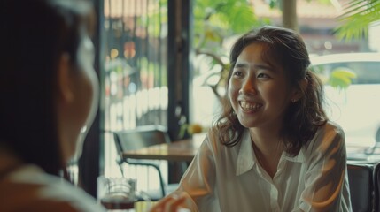 Sticker - Woman in a white shirt smiling while talking to another person in a cozy, sunlit café.