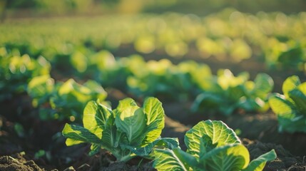 Canvas Print - Green leafy cabbage plants grow in an extensive, sunlit field, representing freshness and sustainable farming practices.