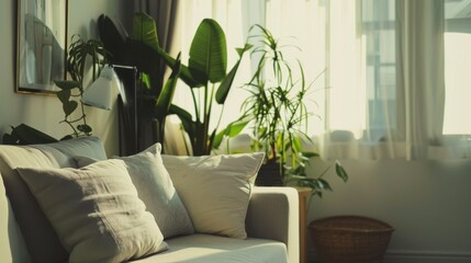 Wall Mural - A sunlit, cozy living room adorned with house plants, beige and white decor, creating a peaceful, inviting environment.