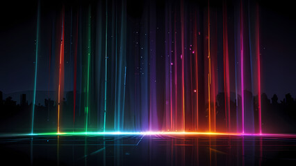 Wall Mural - flat vector background illustrating a laser light show, with beams of different colors shooting across the scene