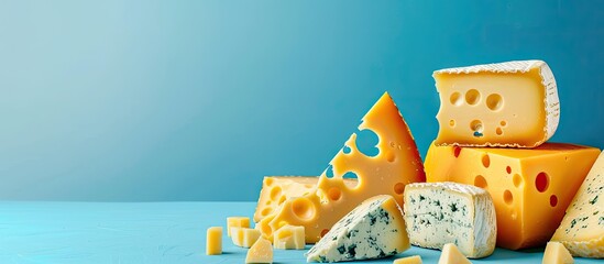 Poster - Assortment of cheese on a blue background with copy space