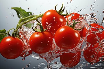 Wall Mural - Cherry tomatoes falling isolated in the white background with cutout, generative IA