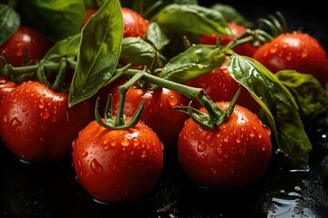 Wall Mural - Tomatoes with drops of basil leaf water close, generative IA