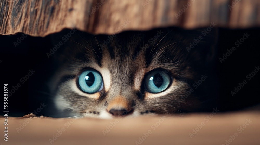 Young cat curiously peeking out from behind the dark background. Neural ...