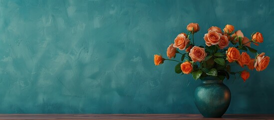 Poster - Vase filled with lovely orange roses on a table beside a blue wall. Copy space image. Place for adding text and design