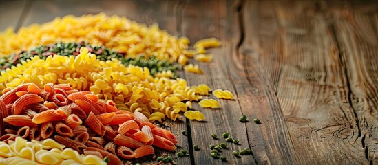 Canvas Print - Dry and cheesy pasta with vegetables on the table A variety of dried pasta on a wooden surface copy space