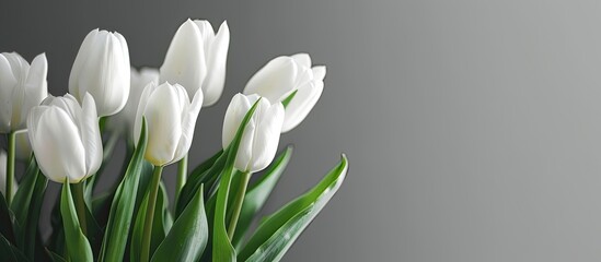 Wall Mural - White tulips on a gray backdrop Close up with space for text. Copy space image. Place for adding text and design