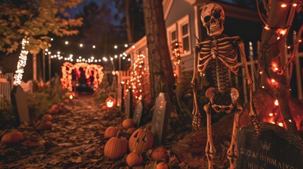 Skeleton yard with haunted ambiance and gravestones for Halloween decor