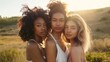 © VK Studio - Three women stand close together in a field at sunset, their expressions serene and natural, radiating friendship, and unity in the golden light.