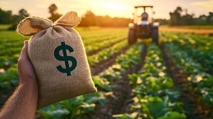 Hand holding a money sack in a field with a tractor in the background