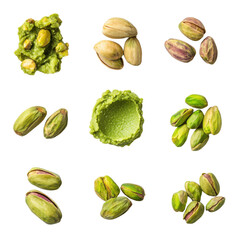 A vibrant display of pistachios in various forms, including whole nuts, peeled nuts, and pistachio paste, isolated on a white background.