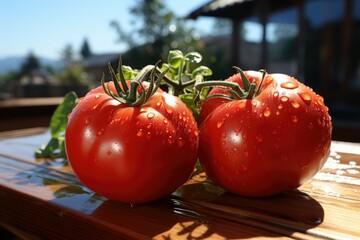 Wall Mural - View of tomato close up on the wooden table, generative IA