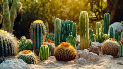 A desert scene with a variety of cacti and other plants