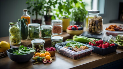 Wall Mural - A kitchen filled with plant-based foods and sustainable packaging,