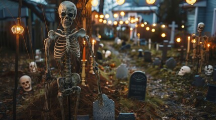 Skeleton yard with haunted ambiance and gravestones for Halloween decor