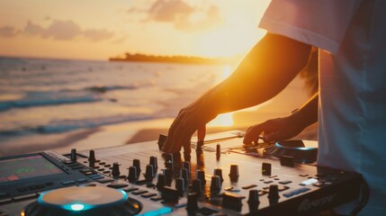 Wall Mural - A close-up of a DJ mixing music at sunset on a beach, with the glowing sun casting a serene ambiance over the scene.