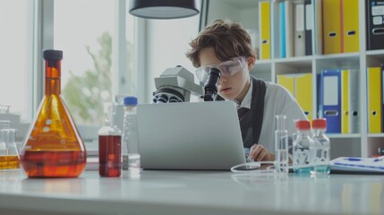 A young boy with safety goggles peers into a microscope, engrossed in his research in a modern, well-equipped laboratory.