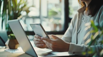 Sticker - A person sits at a desk with a laptop and smartphone, focusing intently on the device in hand while natural light pours through nearby windows, creating a serene workspace.