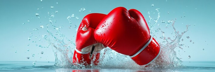 Wall Mural - Red Boxing Gloves Splashing into Water - Two red boxing gloves splashing into a body of water, symbolizing strength, determination, breaking through barriers, and overcoming challenges.