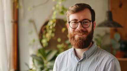 Canvas Print - A bearded man with glasses smiles cheerfully in a bright space adorned with green plants, radiating warmth and friendliness.