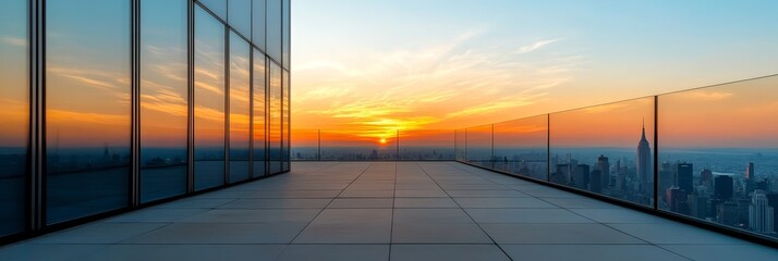 rooftop view of city skyline at sunset with glass walls - a panoramic view of a city skyline at suns