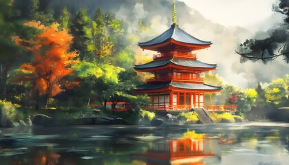 Wall Mural - Red Pagoda Reflecting in Tranquil Lake Surrounded by Lush Foliage