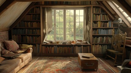 Wall Mural - A cozy room with a couch, a coffee table, and a large collection of books