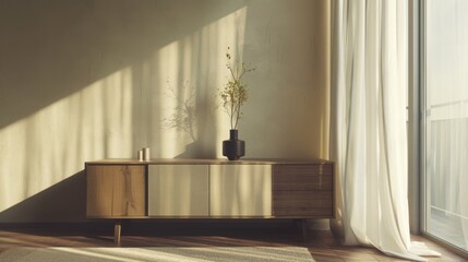 Wall Mural - The sunlight streams into a serene room, illuminating a sideboard adorned with a black vase and golden grasses, creating a tranquil and aesthetic atmosphere.