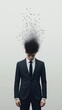 © CHOI POO - Disintegration of Thought: A businessman in a crisp suit stands stoic, his head dissolving into a swarm of black particles, symbolizing stress, anxiety, or mental breakdown.