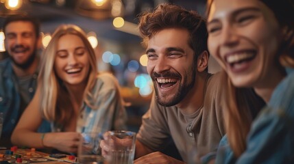 Family Game Night: At the dining room table, the family enjoys a lively board game, filled with laughter and playful rivalry, surrounded by snacks and drinks.
