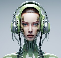 Canvas Print - A beautiful, female-presenting robot with headphones,generative ai