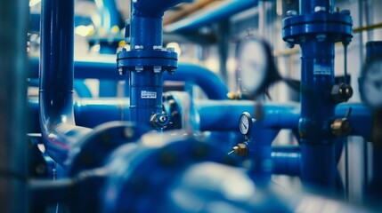 Wall Mural - A close-up shot of a complex network of blue industrial pipes and gauges, showcasing the intricate details of engineering and industrial design.