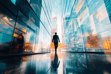 A business leader strides purposefully through a sleek glass corridor in a high-rise office building, surrounded by reflections and modern architecture, in bright daylight