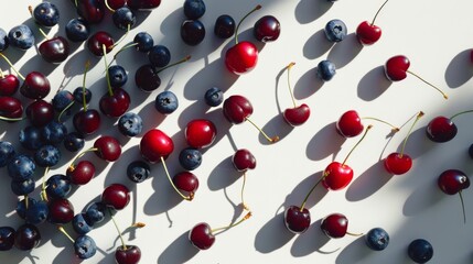 Poster - Blueberries and cherries are artistically scattered on a surface, casting vibrant shadows and creating a visually striking still life arrangement.