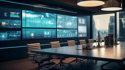 Wall Mural - A tech-infused boardroom with interactive screens and connectivity,